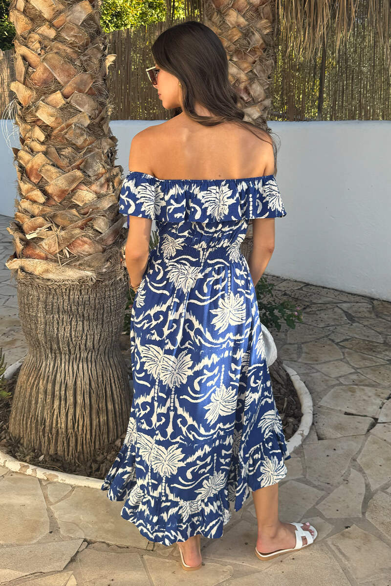 Blue Palm Tree Print Bardot Frill Hem Midi Dress
