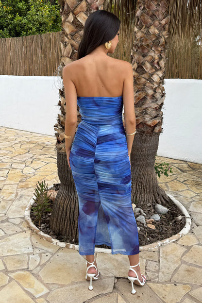 Blue Smudge Print Strapless Ruched Bodycon Midi Dress