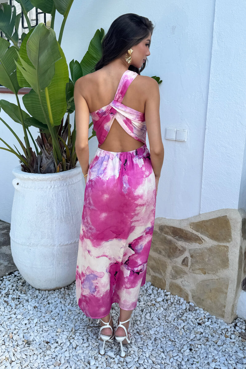 Pink Marble Print One Shoulder Twist Back Midi Dress
