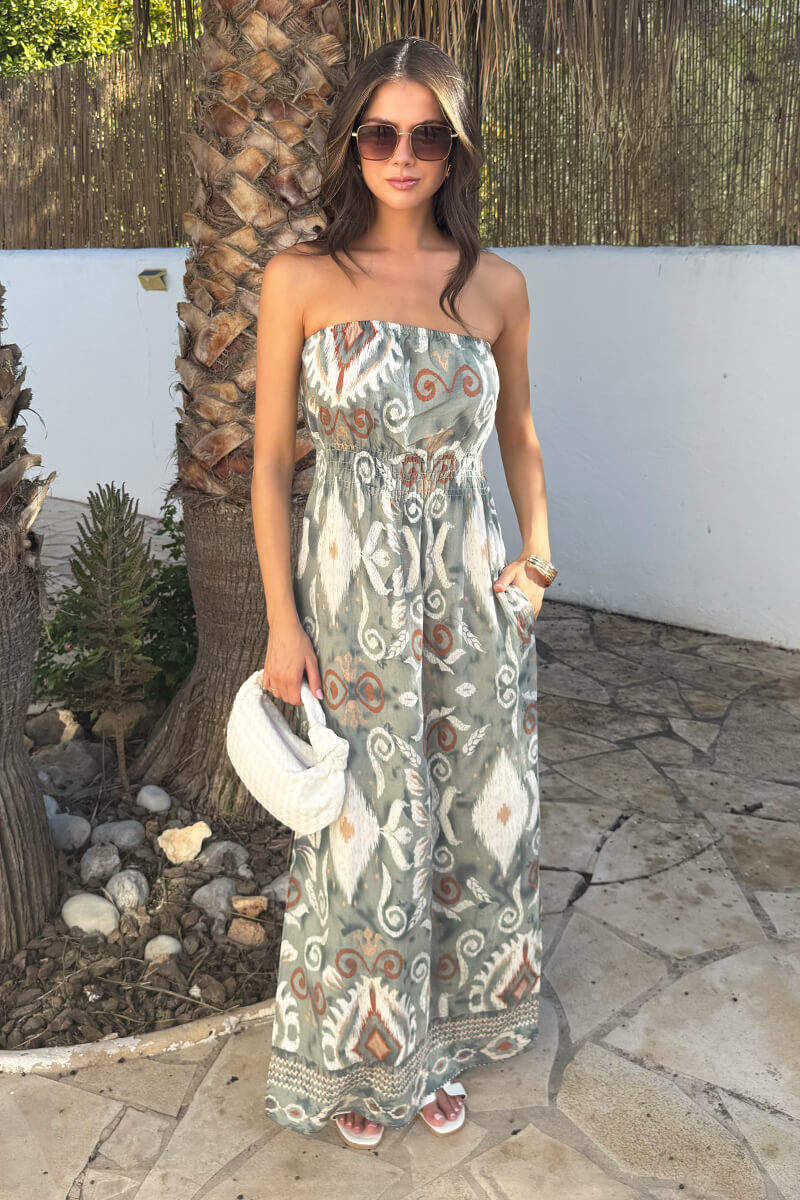 Multi Boho Print Strapless Shirred Waist Midi Dress