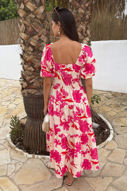Pink And Cream Floral Print Puff Sleeve Smock Midi Dress