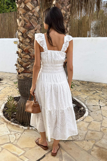 White Broderie Frill Strap Smock Midi Dress