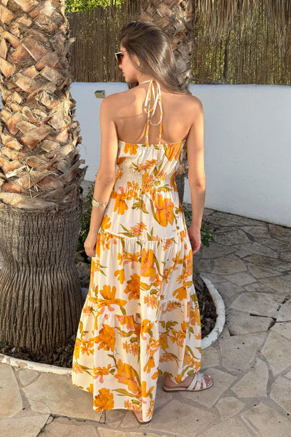 Yellow Floral Print Tie Neck Smock Midi Dress