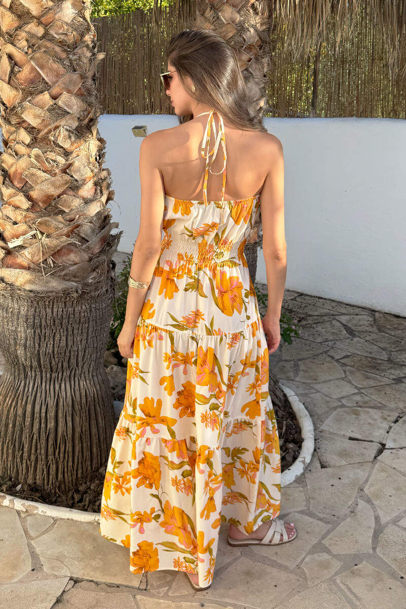 Yellow Floral Print Tie Neck Smock Midi Dress