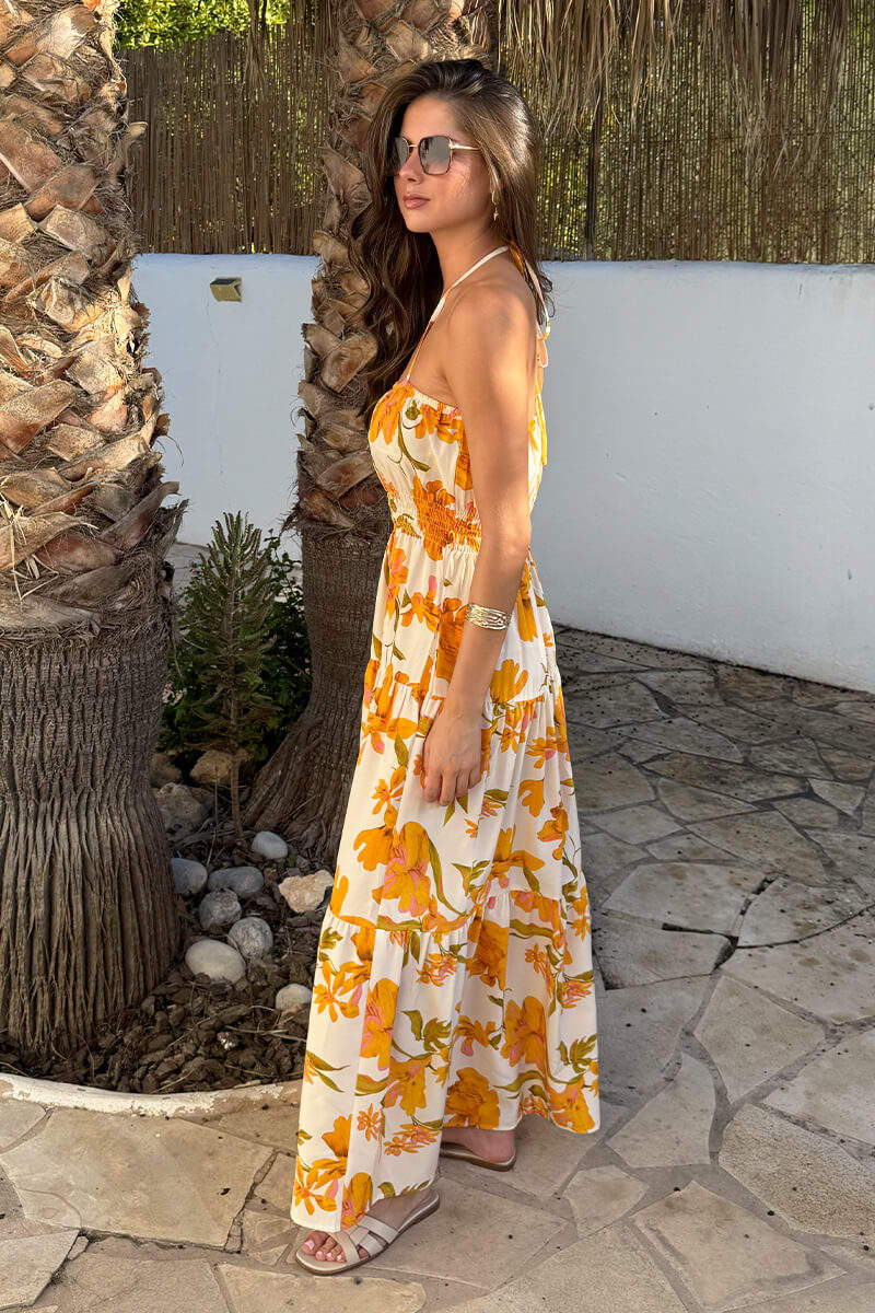 Yellow Floral Print Tie Neck Smock Midi Dress