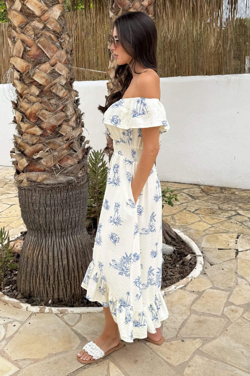 Blue And Cream Beach Print Bardot Frill Hem Midi Dress