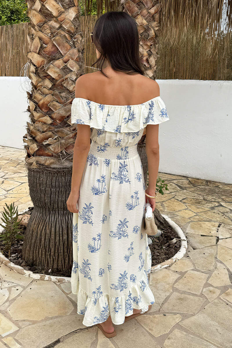 Blue And Cream Beach Print Bardot Frill Hem Midi Dress