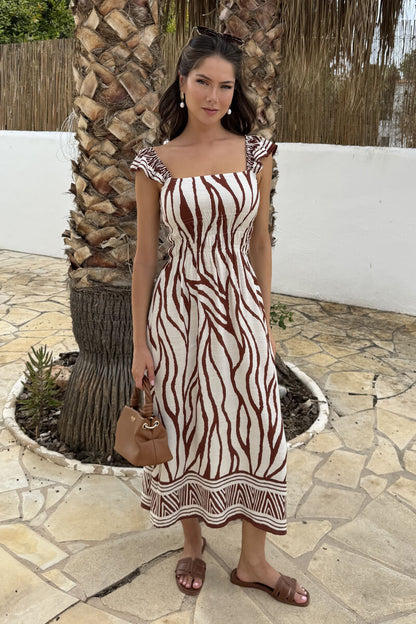 Cream And Brown Abstract Print Frill Strap Midi Dress