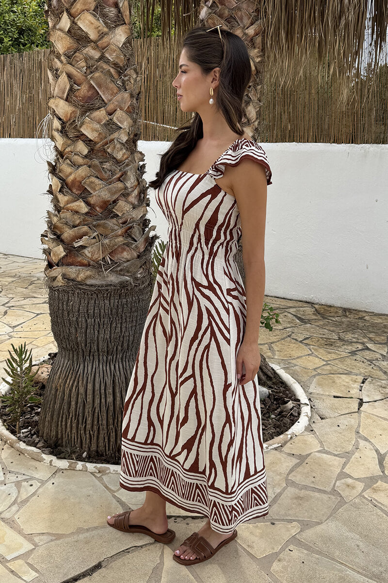 Cream And Brown Abstract Print Frill Strap Midi Dress
