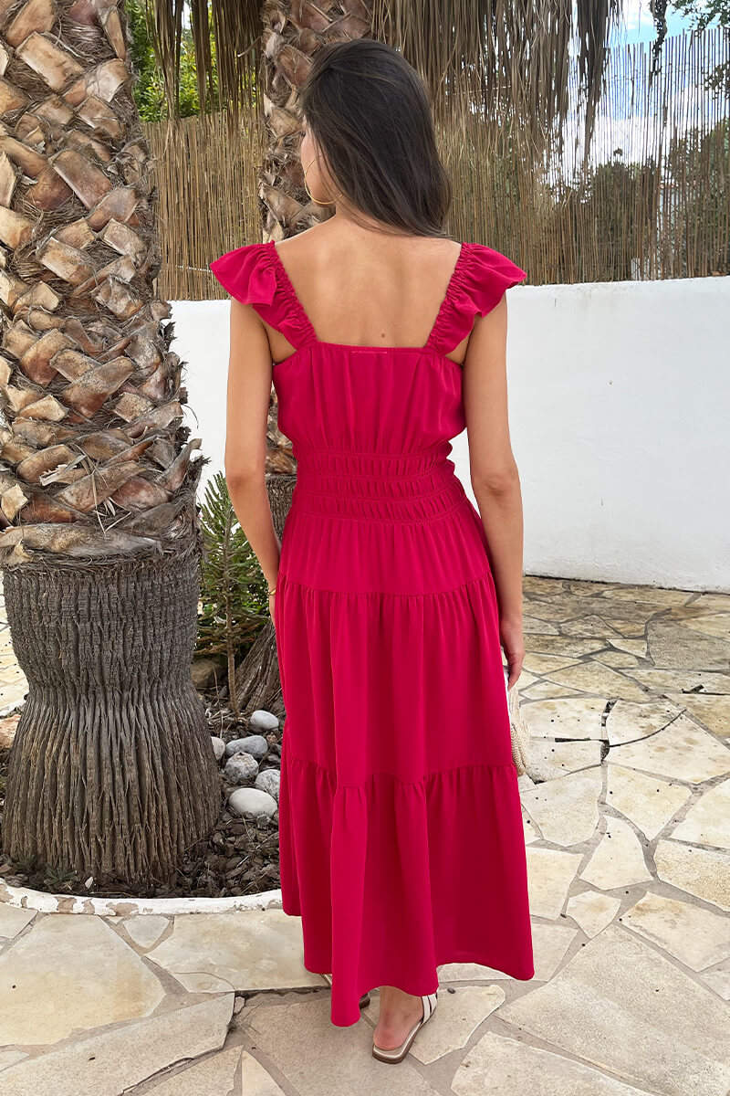 Magenta Frill Strap Smock Midi Dress