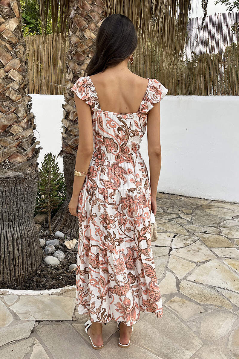 Multi Boho Floral Print Frill Strap Smock Midi Dress
