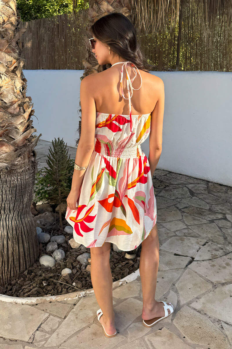 Multi Leaf Print Tie Neck Mini Dress