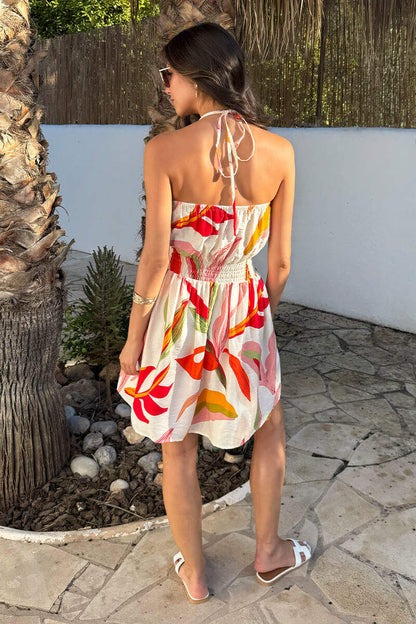 Multi Leaf Print Tie Neck Mini Dress