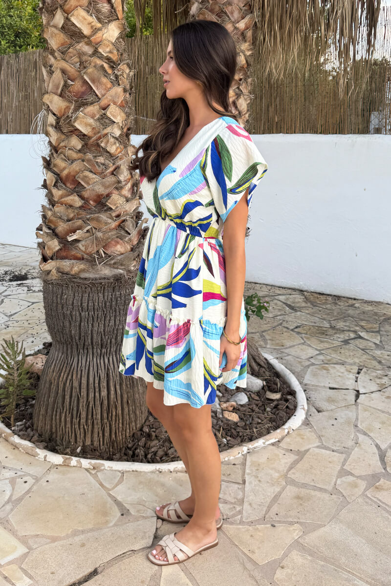 Multi Leaf Print Wrap Top Tiered Mini Dress