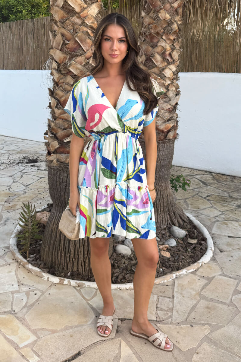 Multi Leaf Print Wrap Top Tiered Mini Dress