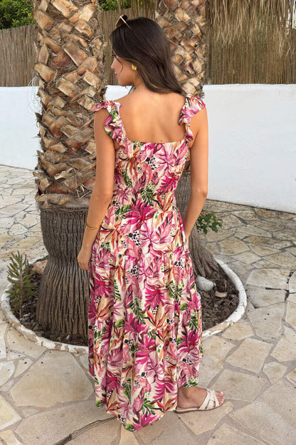 Multi Tropical Floral Print Frill Strap Smock Midi Dress