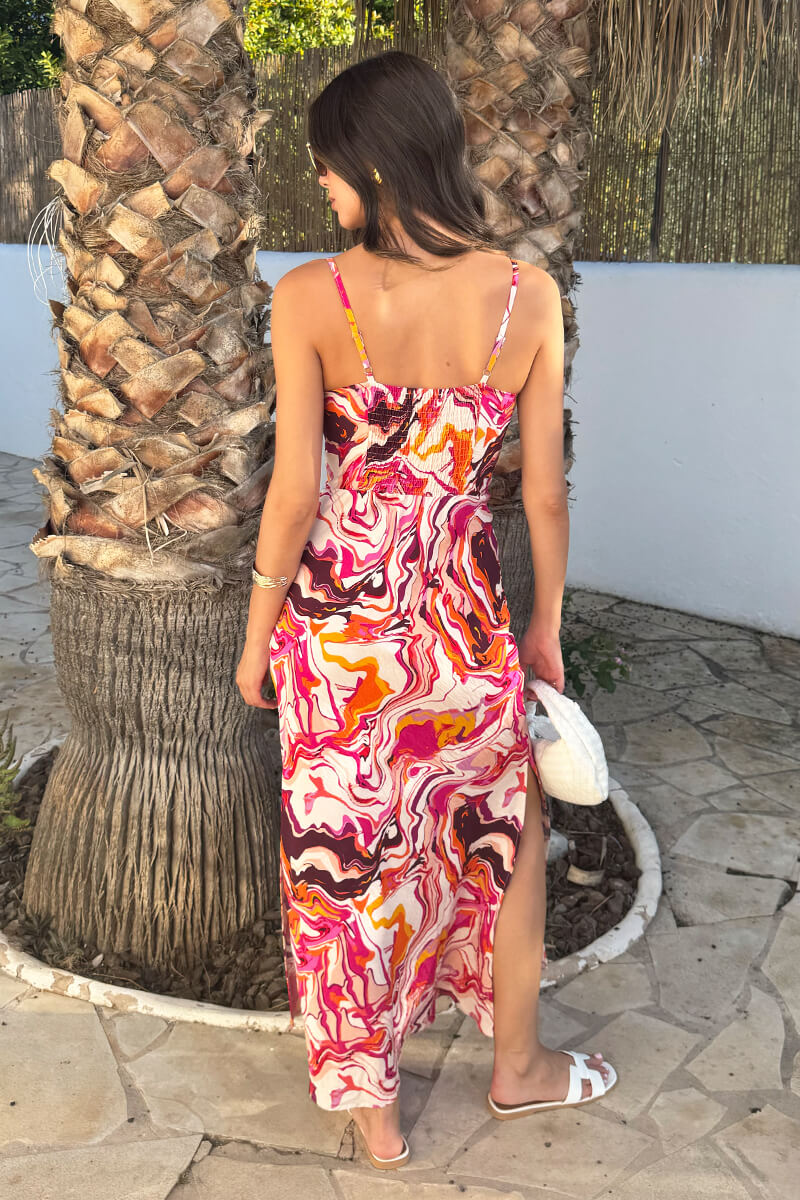 Multi Water Marble Print Strappy Slip Midi Dress