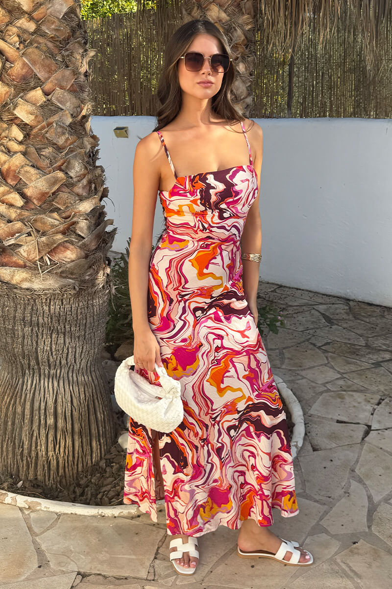 Multi Water Marble Print Strappy Slip Midi Dress
