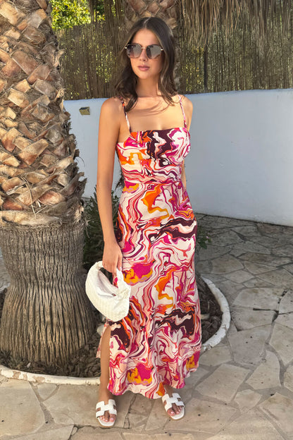 Multi Water Marble Print Strappy Slip Midi Dress