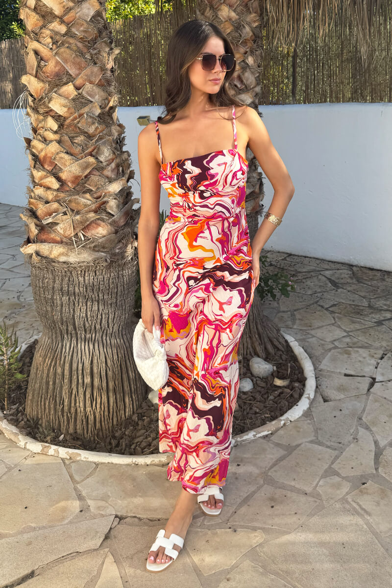 Multi Water Marble Print Strappy Slip Midi Dress