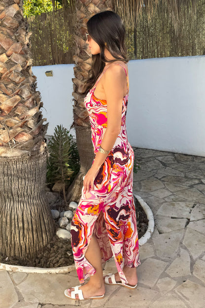 Multi Water Marble Print Strappy Slip Midi Dress