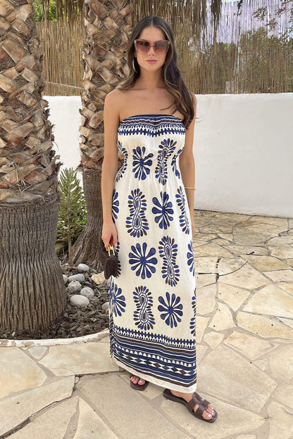 Navy Boho Border Print Strapless Shirred Waist Midi Dress