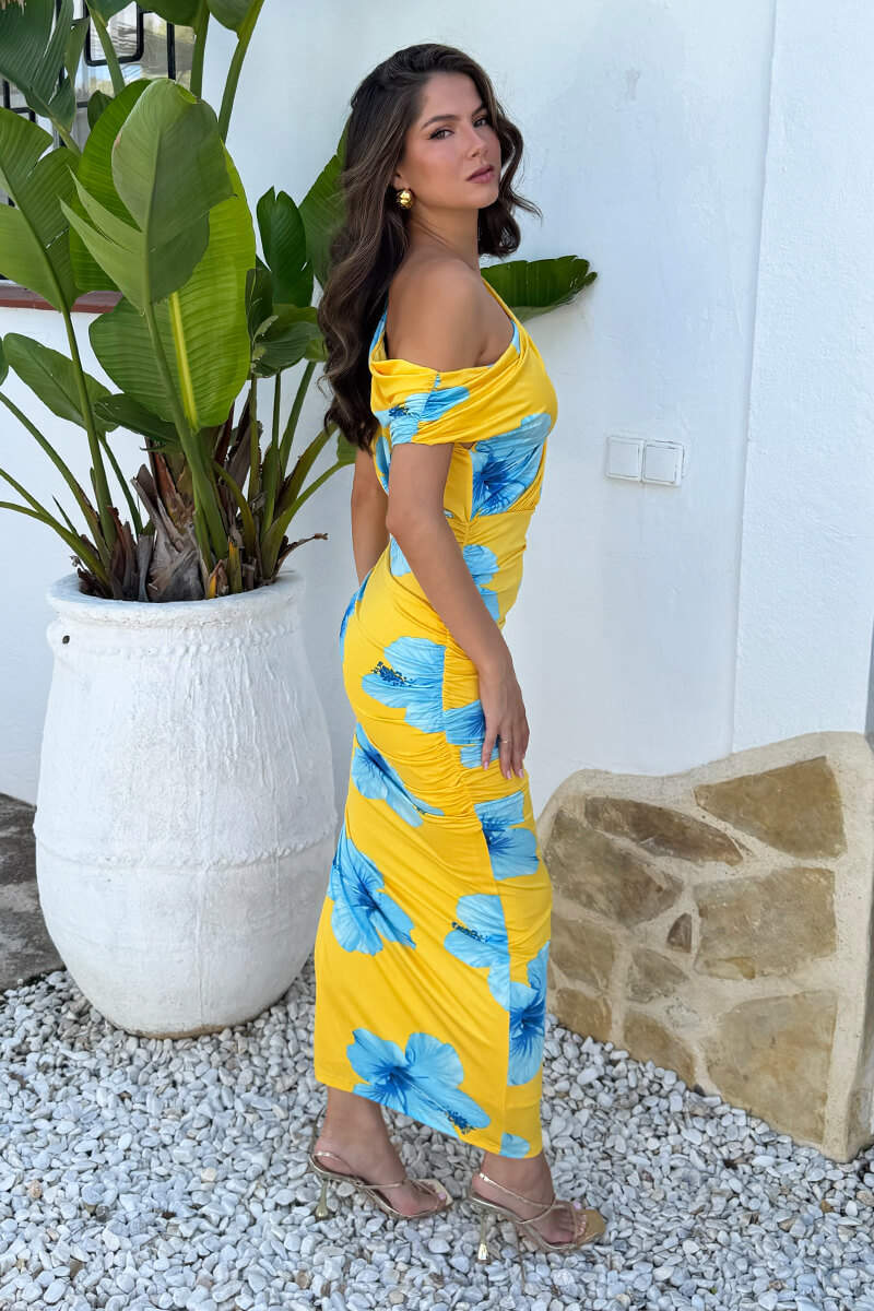Yellow And Blue Floral Print Off The Shoulder Draped Midi Dress