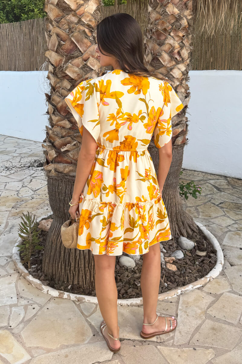 Yellow Floral Print Wrap Top Tiered Mini Dress