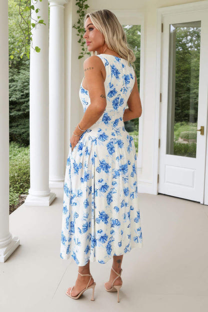 Blue And Cream Floral Print Pleated Hip Midi Dress