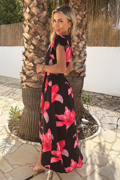 Black And Cerise Floral Print Belted Wrap Midi Dress