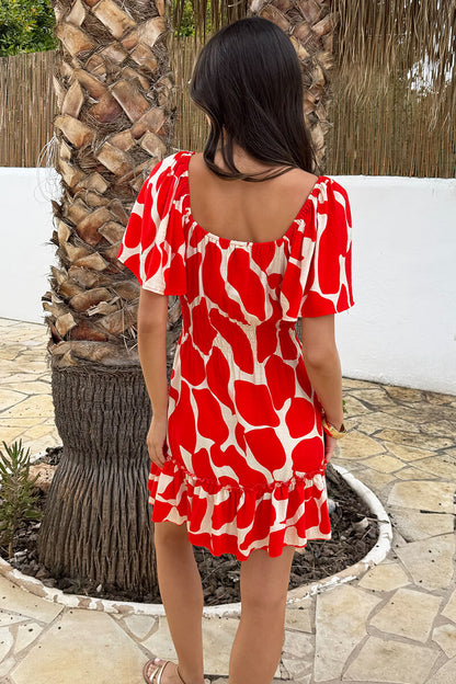 Red Abstract Print Butterfly Sleeve Frill Hem Mini Dress