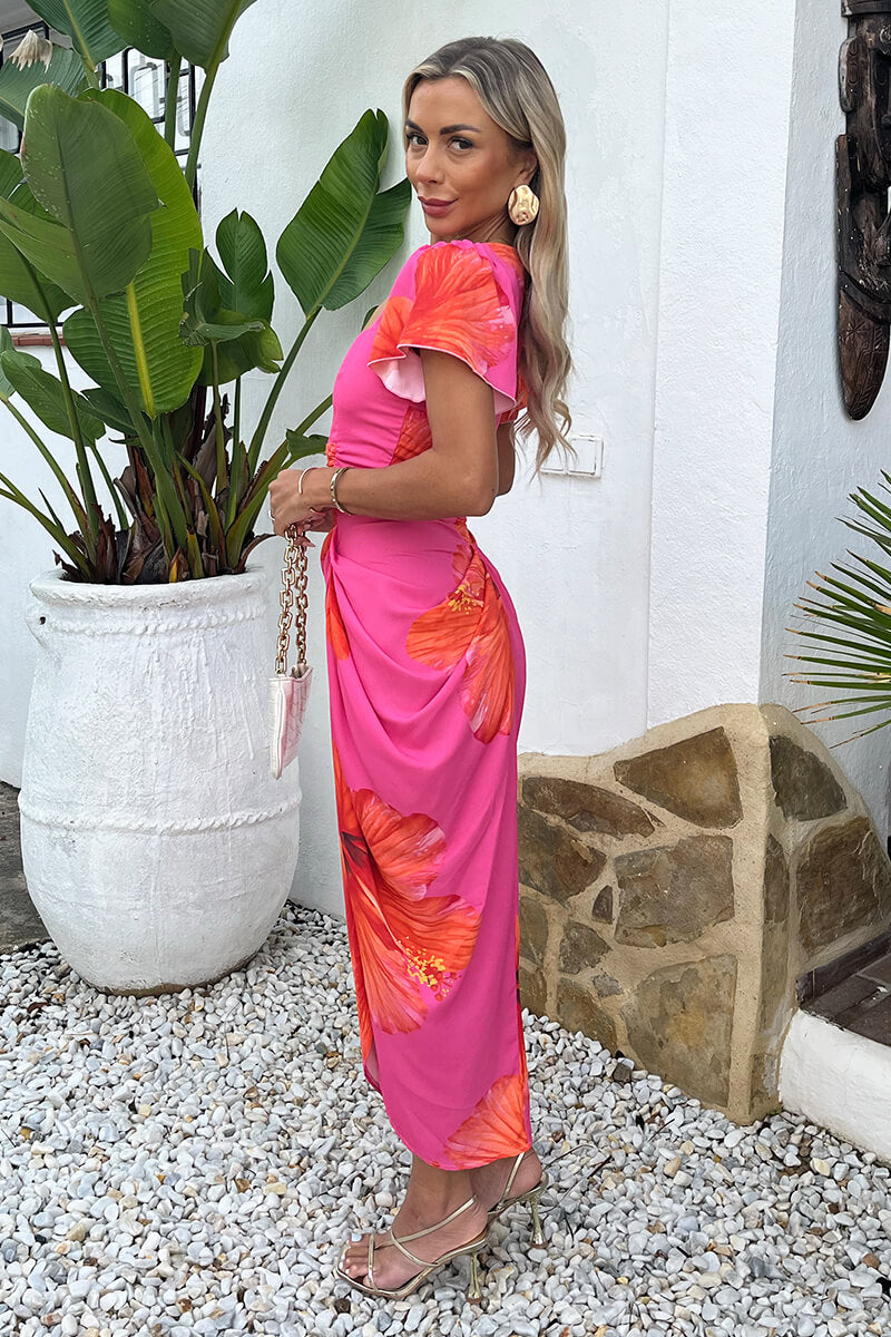 Pink And Orange Floral Print Flutter Sleeve Gathered Midi Dress