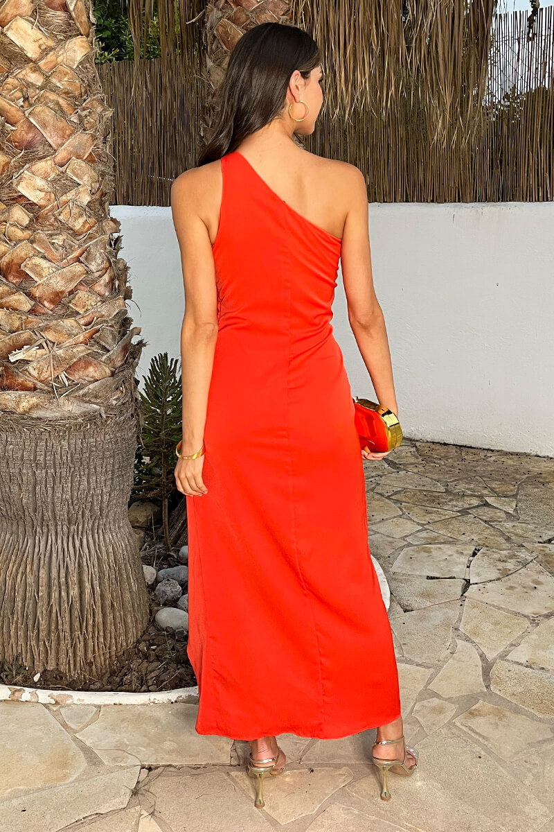Burnt Orange One Shoulder O-Ring Wrap Skirt Midi Dress