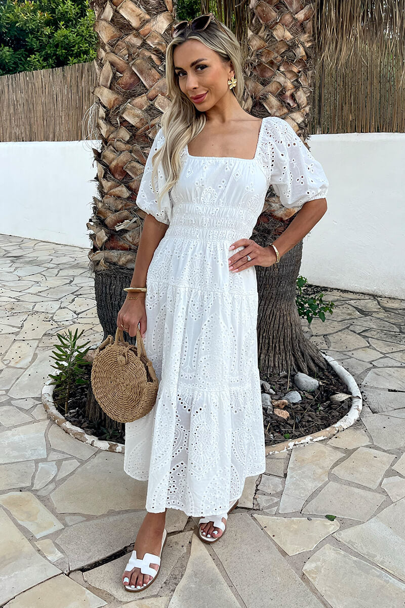 White Broderie Puff Sleeve Smock Midi Dress