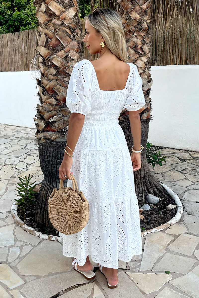 White Broderie Puff Sleeve Smock Midi Dress