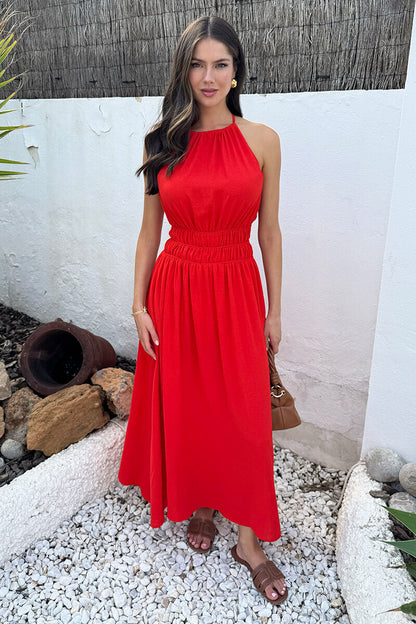 Burnt Orange Tie Racer Neck Shirred Waist Midi Dress