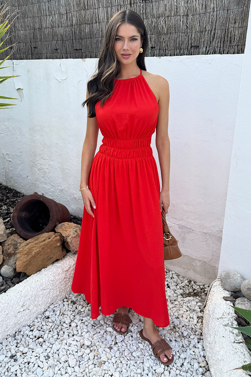 Burnt Orange Tie Racer Neck Shirred Waist Midi Dress