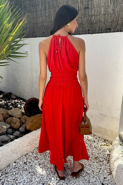 Burnt Orange Tie Racer Neck Shirred Waist Midi Dress