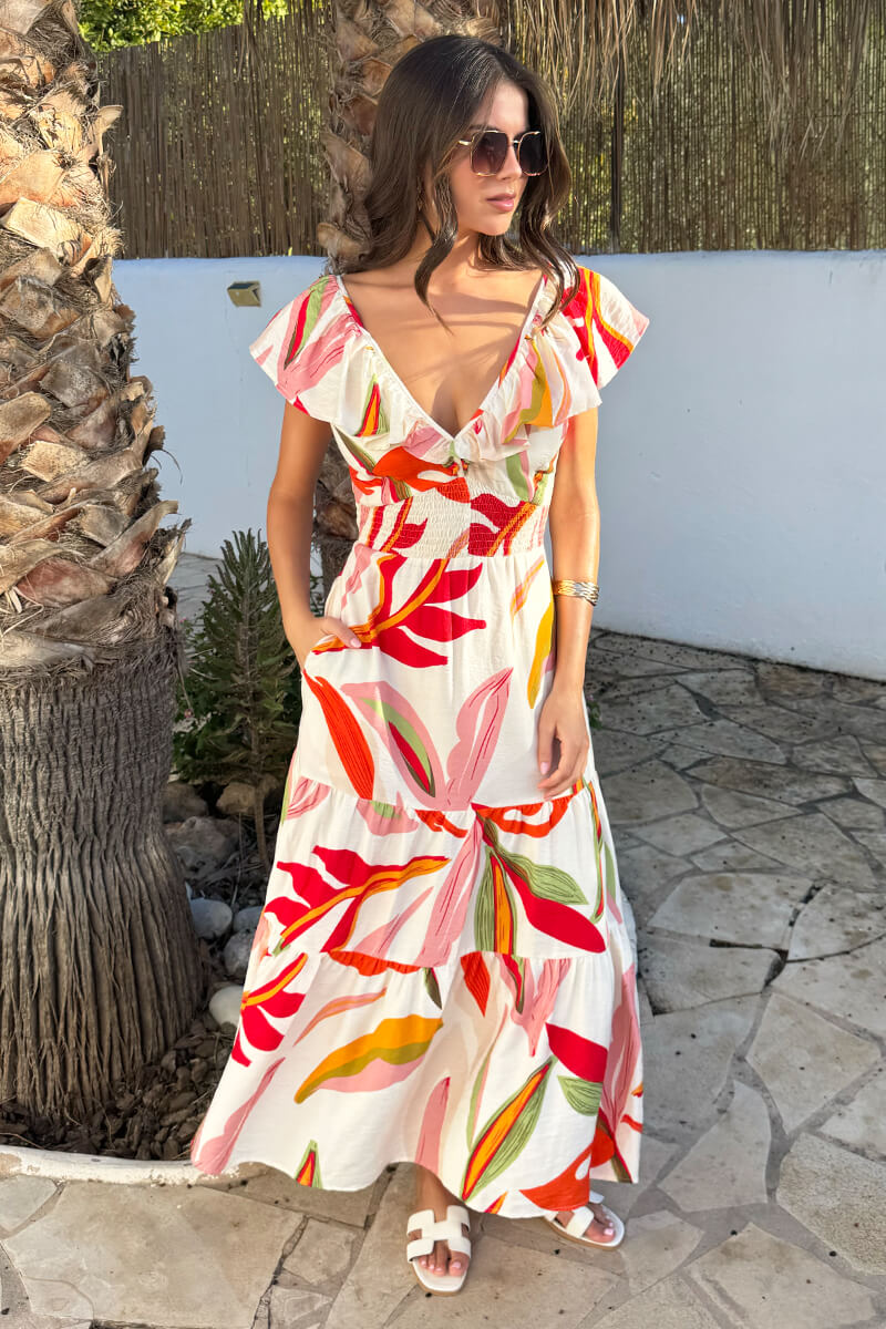 Multi Leaf Print Open Tie Back Frill Top Smock Midi Dress