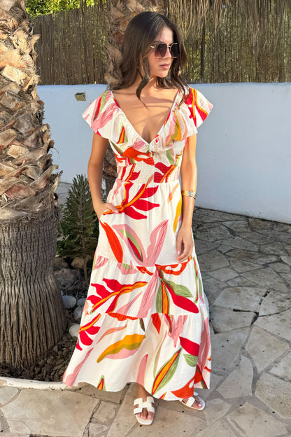 Multi Leaf Print Open Tie Back Frill Top Smock Midi Dress