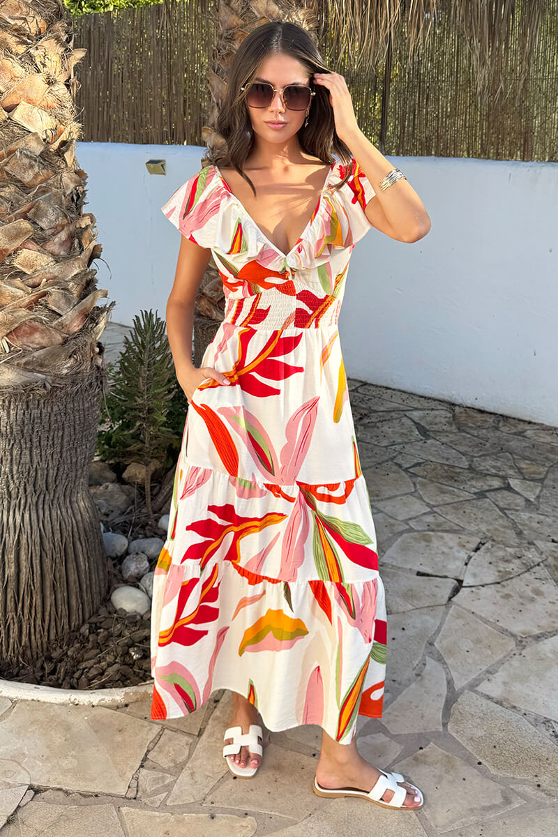 Multi Leaf Print Open Tie Back Frill Top Smock Midi Dress