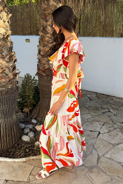 Multi Leaf Print Open Tie Back Frill Top Smock Midi Dress