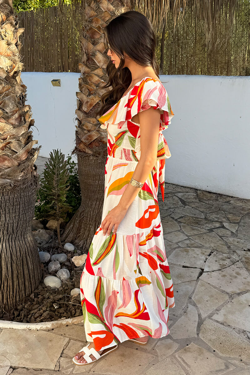 Multi Leaf Print Open Tie Back Frill Top Smock Midi Dress