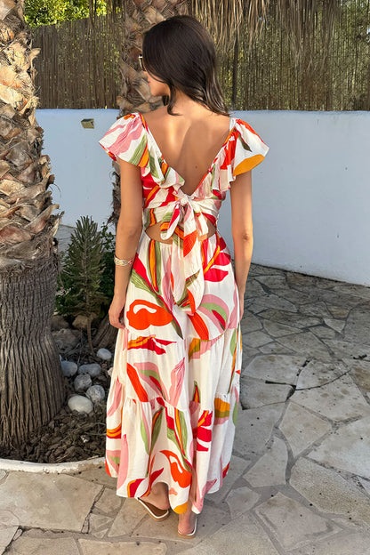 Multi Leaf Print Open Tie Back Frill Top Smock Midi Dress