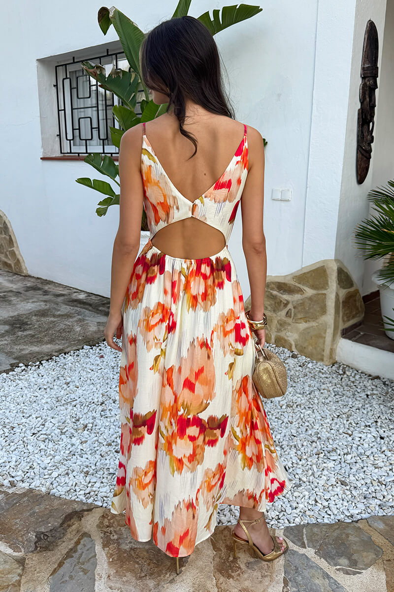 Multi Smudge Floral Print Open Back Ruched Detail Midi Dress
