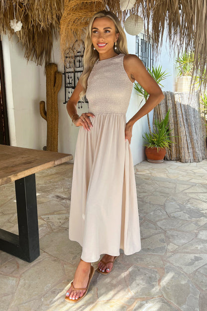 Stone Round Neck Shirred Top Midi Dress