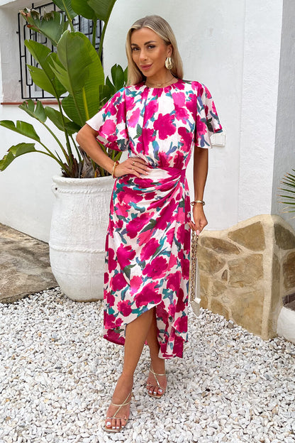 Multi Floral Print Butterfly Sleeve Gathered Side Midi Dress
