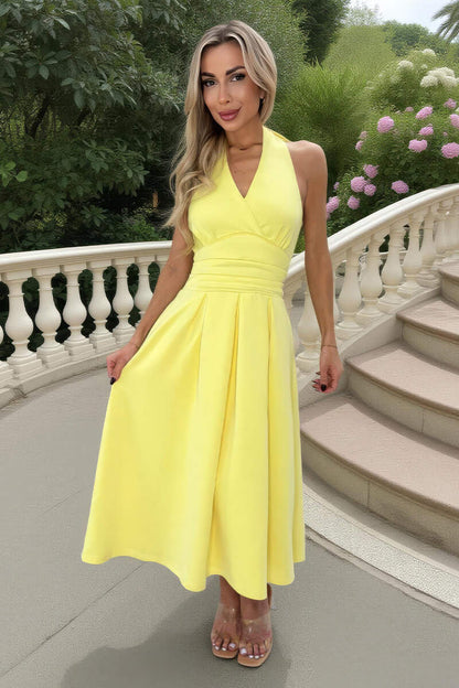 Soft Yellow Tie Halter Neck Midi Dress