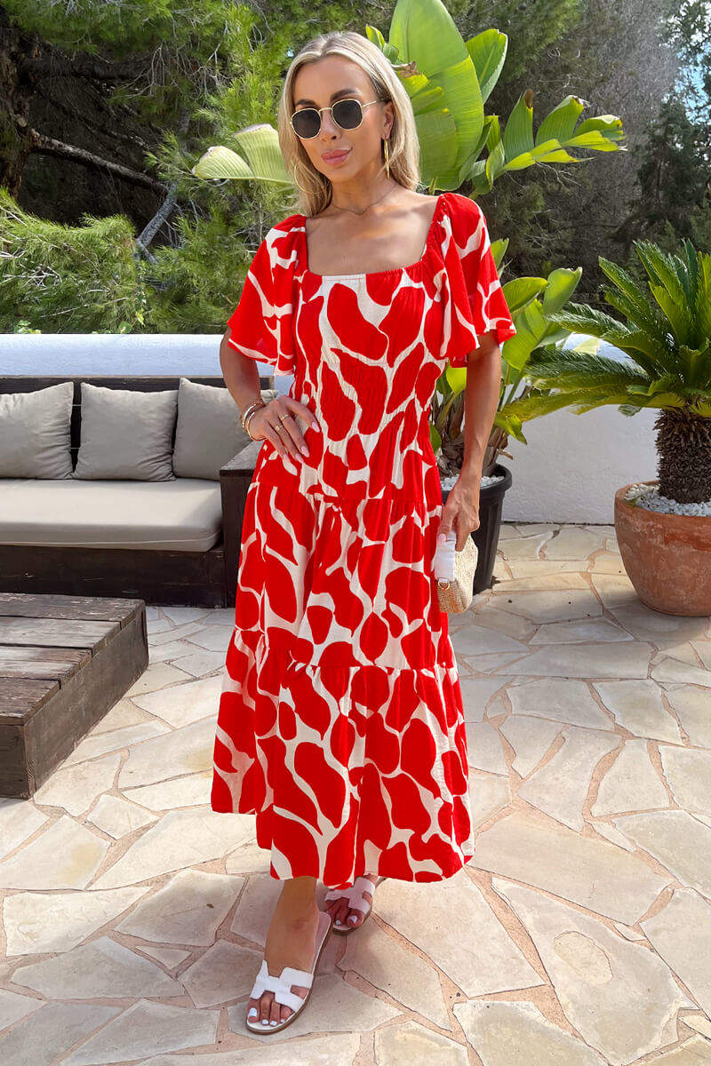 Red Abstract Print Shirred Waist Smock Midi Dress