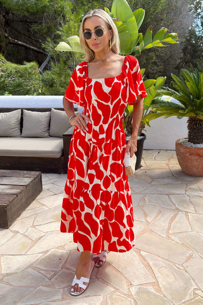 Red Abstract Print Shirred Waist Smock Midi Dress